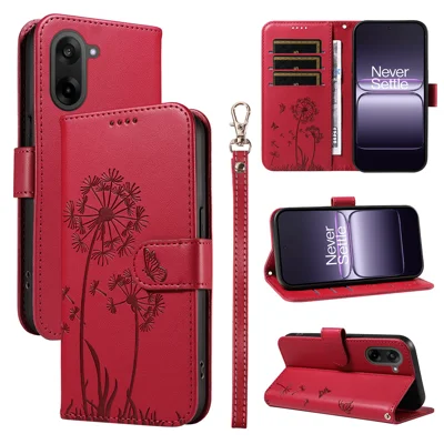For OnePlus Nord CE5 5G / OnePlus Ace 5 Racing 5G Leather Wallet Case with Strap Dandelion Imprint Phone Stand Cover - Red