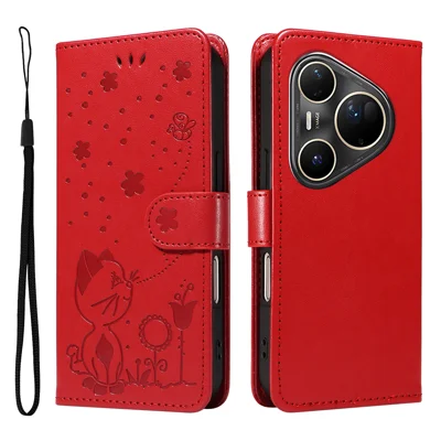 For Huawei Pura 80 Ultra Leather Wallet Case Cat Bee Pattern Phone Cover Stand - Red