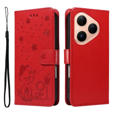 For Huawei Pura 80 Leather Wallet Case Cat Bee Pattern Phone Cover Stand - Red