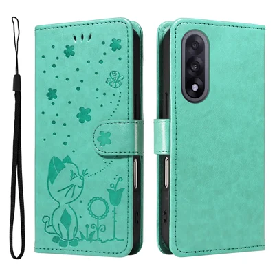 For OnePlus Nord 5 5G / OnePlus Ace 5 Ultra 5G Leather Wallet Case Cat Bee Pattern Phone Cover Stand - Green