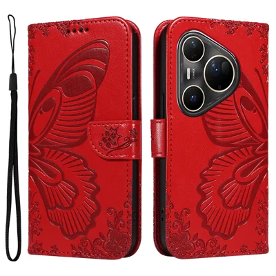 For Huawei Pura 80 Ultra Case Butterfly Pattern PU Leather Folio Flip Phone Cover -  Red