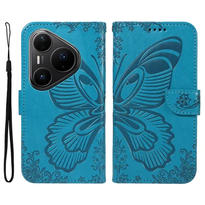 Voor Huawei Pura 80 Pro+ / Huawei Pura 80 Pro Case Vlinderpatroon PU Leer Folio Flip Telefoonhoes - Blauw