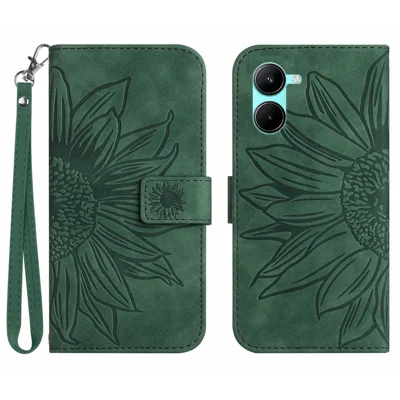 Para Realme 10 4G HT04 Funda Protectora de Teléfono Celular Piel-Toque Impreso Girasol Anti-choque Funda de Billetera con Soporte y Correa de Mano - Verde Oscuro