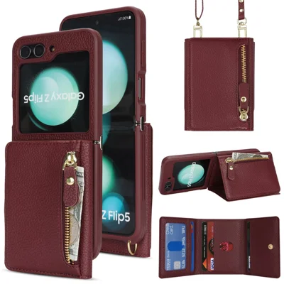 For Samsung Galaxy Z Flip5 5G Case Card Holder Kickstand Litchi Texture PU TPU Phone Cover with Long Strap - Wine Red