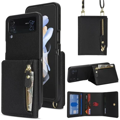 For Samsung Galaxy Z Flip4 5G Case Card Holder Kickstand Litchi Texture PU TPU Phone Cover with Long Strap - Black