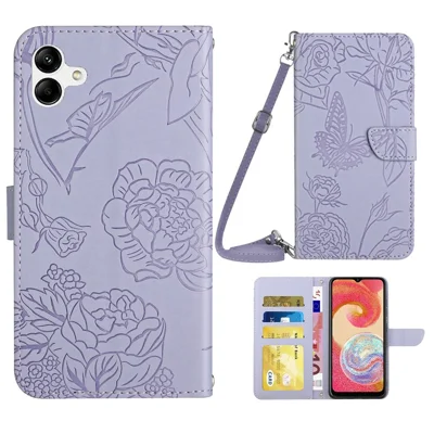 Für Samsung Galaxy A04e 4G HT03 Bedruckte Schmetterling-Blumen-Klappständer-Abdeckung Skin-touch PU-Leder-Geldbörsen-Flip-Handyhülle mit Schultergurt - Hellviolett