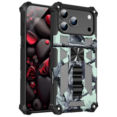 For iPhone 17 Pro Max Case Kickstand PC + TPU Camouflage Military Grade Phone Cover - Light Green