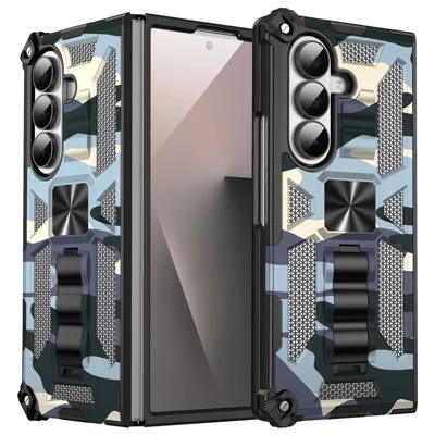 For Samsung Galaxy Z Fold6 5G Case Kickstand PC + TPU Camouflage Military Grade Phone Cover - Navy Blue