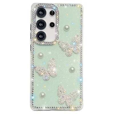 For Samsung Galaxy S25 Ultra Case Rhinestone Edge Pearl Butterfly Decor TPU + PC IMD Phone Cover - Glitter Light Green