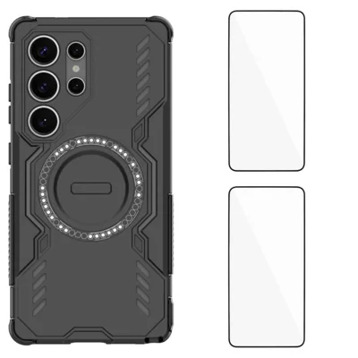 WANLONFENG For Samsung Galaxy S25 Ultra Magnetic Case  DJ Series PC TPU Phone Cover with 2Pcs Tempered Glass Film - Black