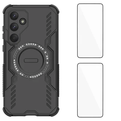 WANLONFENG For Samsung Galaxy A55 5G Magnetic Case  DJ Series PC TPU Phone Cover with 2Pcs Tempered Glass Film - Black