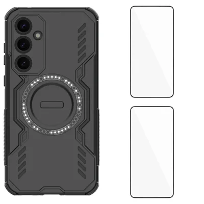 WANLONFENG For Samsung Galaxy A35 5G Magnetic Case  DJ Series PC TPU Phone Cover with 2Pcs Tempered Glass Film - Black