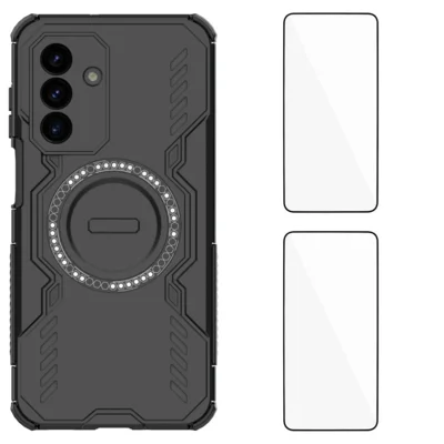 WANLONFENG For Samsung Galaxy A26 5G Magnetic Case  DJ Series PC TPU Phone Cover with 2Pcs Tempered Glass Film - Black