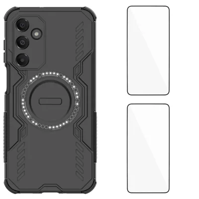 WANLONFENG For Samsung Galaxy A16 4G / Galaxy A16 5G Magnetic Case  DJ Series PC TPU Phone Cover with 2Pcs Tempered Glass Film - Black