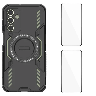 WANLONFENG For Samsung Galaxy A15 4G / Galaxy A15 5G Magnetic Case  DJ Series PC TPU Phone Cover with 2Pcs Tempered Glass Film - Black