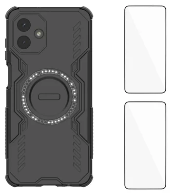 WANLONFENG For Samsung Galaxy A08 4G / A07 4G Magnetic Case  DJ Series PC TPU Phone Cover with 2Pcs Tempered Glass Film - Black