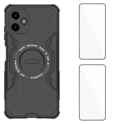 WANLONFENG For Samsung Galaxy A06 4G Magnetic Case  DJ Series PC TPU Phone Cover with 2Pcs Tempered Glass Film - Black