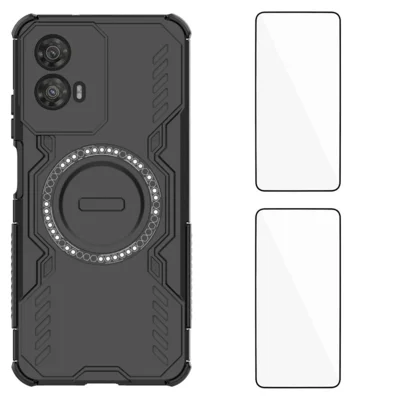 För Motorola Moto G34 5G Magnetisk Hölsta WANLONFENG DJ-serien PC TPU Mobilhölje med 2 st Härdat Glasfilm - Svart