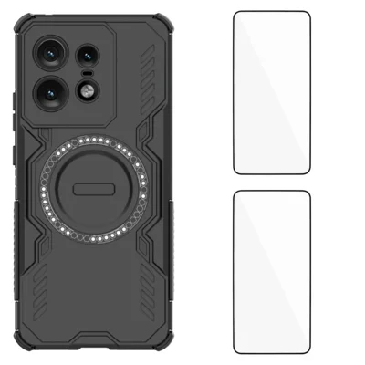 WANLONFENG For Motorola Edge 50 Pro 5G Magnetic Case  DJ Series PC TPU Phone Cover with 2Pcs Tempered Glass Film - Black
