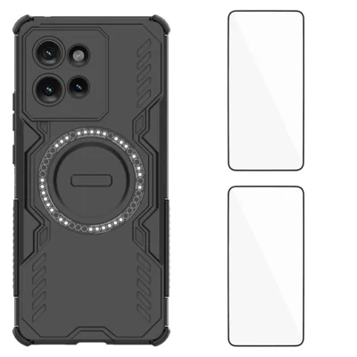 WANLONFENG For Motorola Edge 50 5G Magnetic Case  DJ Series PC TPU Phone Cover with 2Pcs Tempered Glass Film - Black