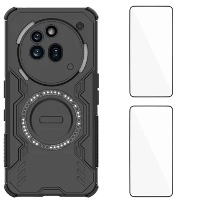 WANLONFENG For Nothing Phone (3a) Pro Magnetic Case  DJ Series PC TPU Phone Cover with 2Pcs Tempered Glass Film - Black