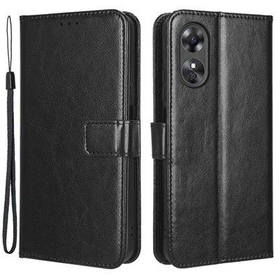 Pour Oppo A17 4G Crazy Horse Texture Étui en cuir PU Housse de protection complète avec fermoir magnétique et support portefeuille - Noir