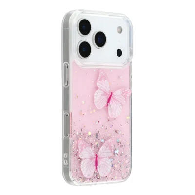 For iPhone 18 Pro Max / 17 Pro Max Case Epoxy PVC Butterfly TPU Aesthetics Phone Cover - Pink