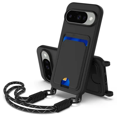 For Google Pixel 10 Liquid Silicone Case  Phone Back Cover with Card Holder and Short Strap - Black