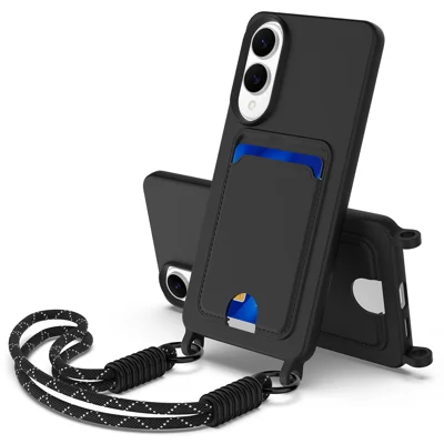 For Samsung Galaxy S25 Edge Liquid Silicone Case  Phone Back Cover with Card Holder and Short Strap - Black