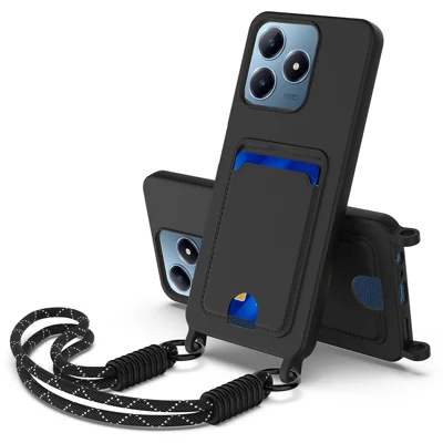 For Realme Note 60 / Realme Note 60x 4G / Realme C61 4G / Realme C61 (India) 4G / Realme Narzo N63 4G / Realme C63 4G Liquid Silicone Case  Phone Back Cover with Card Holder and Short Strap - Black