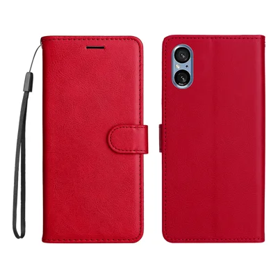 For Sony Xperia 10 VI Leather Wallet Case with Strap Solid Color Phone Stand Cover - Red