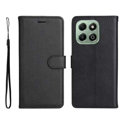 For Honor X6b 4G / Honor X6a 4G / Honor X5b / Honor X5b Plus / Honor X6c 4G Leather Wallet Case with Strap Solid Color Phone Stand Cover - Black