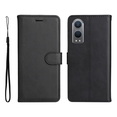 For Oppo K12x 5G (China) / OnePlus Nord CE4 Lite 5G Leather Wallet Case with Strap Solid Color Phone Stand Cover - Black