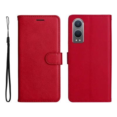 For Oppo K12x 5G (China) / OnePlus Nord CE4 Lite 5G Leather Wallet Case with Strap Solid Color Phone Stand Cover - Red