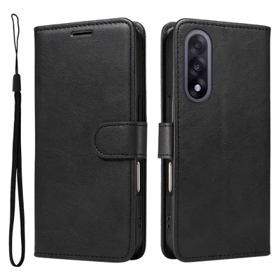 For OnePlus Nord 5 5G / OnePlus Ace 5 Ultra 5G Leather Wallet Case with Strap Solid Color Phone Stand Cover - Black