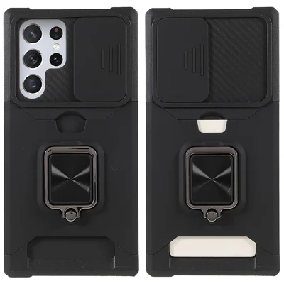For Samsung Galaxy S25 Ultra Case Kickstand Slide Lens Lid PC + TPU Phone Cover with Card Slot - Black