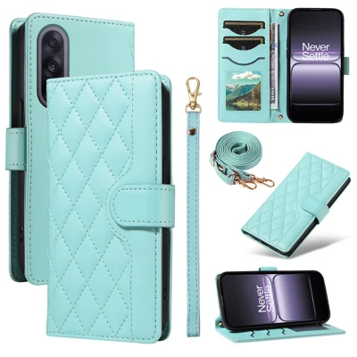 For OnePlus Nord 5 5G / OnePlus Ace 5 Ultra 5G Wallet Case Rhombus Leather Phone Cover with Strap - Green