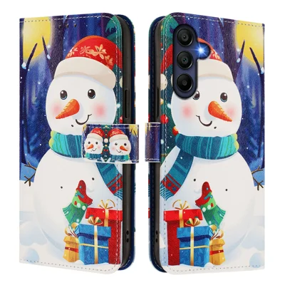 For Samsung Galaxy A16 4G / Galaxy A16 5G Wallet Case Christmas Pattern Printing Leather Phone Cover with Lanyard - Gift Box Snowman