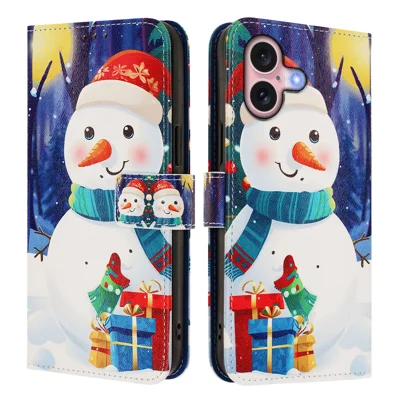 For iPhone 16 Wallet Case Christmas Pattern Printing Leather Phone Cover with Lanyard - Gift Box Snowman