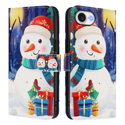 For iPhone 17e / 16e Wallet Case Christmas Pattern Printing Leather Phone Cover with Lanyard - Gift Box Snowman