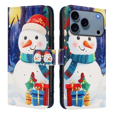 For iPhone 18 Pro Max / 17 Pro Max Wallet Case Christmas Pattern Printing Leather Phone Cover with Lanyard - Gift Box Snowman
