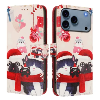 For iPhone 18 Pro Max / 17 Pro Max Wallet Case Christmas Pattern Printing Leather Phone Cover with Lanyard - Christmas Animals