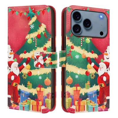 For iPhone 17 Pro Max Wallet Case met Kerstpatroon Print Leren Telefoonhoes met Lanyard - Kerstboom