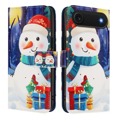 For iPhone Air Wallet Case Christmas Pattern Printing Leather Phone Cover with Lanyard - Gift Box Snowman
