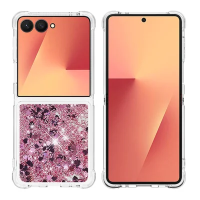 För Samsung Galaxy Z Flip7 5G TPU-fodral Glitter Quick Sand Skokänt telefonbaklucka - Rosen guld / Hjärtan