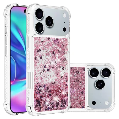 For iPhone 17 Pro Max TPU Case Glitter Quicksand Shockproof Phone Back Cover - Rose Gold / Hearts