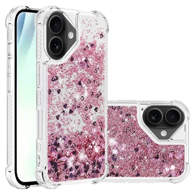 For iPhone 17 TPU Case Glitter Quicksand Shockproof Phone Back Cover - Rose Gold / Hearts
