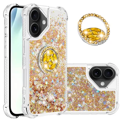 For iPhone 17 TPU Case with Kickstand Quicksand Shockproof Cover - Gold / Hearts