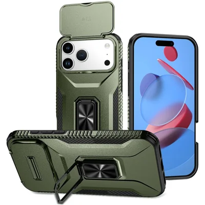 For iPhone 18 Pro Max / 17 Pro Max Case Camshield Kickstand TPU + PC Anti-Slip Phone Cover - Green