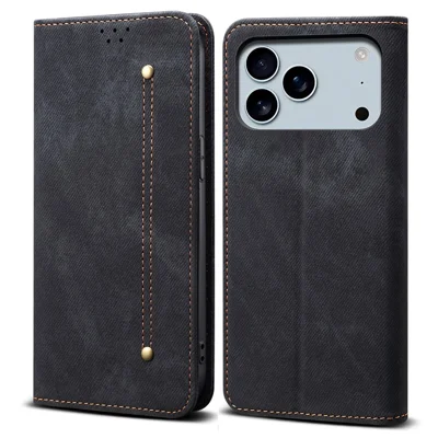 For iPhone 17 Pro Max Case Jeans Cloth Texture Anti-Scratch Leather Stand Telefoonhoes - Zwart